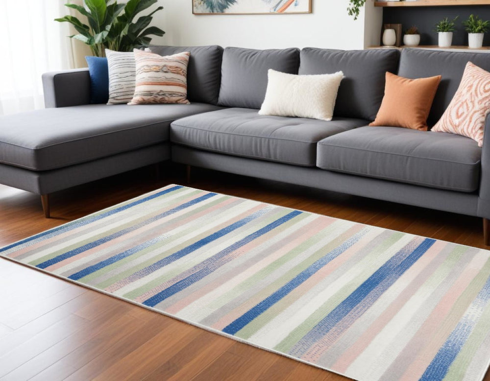 HomeRoots 6' Striped Distressed Area Rug in Ivory, Blue & Green | Cozy, Durable & Easy-Care Home Decor Essential 385879