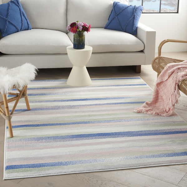 HomeRoots 6' Striped Distressed Area Rug in Ivory, Blue & Green | Cozy, Durable & Easy-Care Home Decor Essential 385879