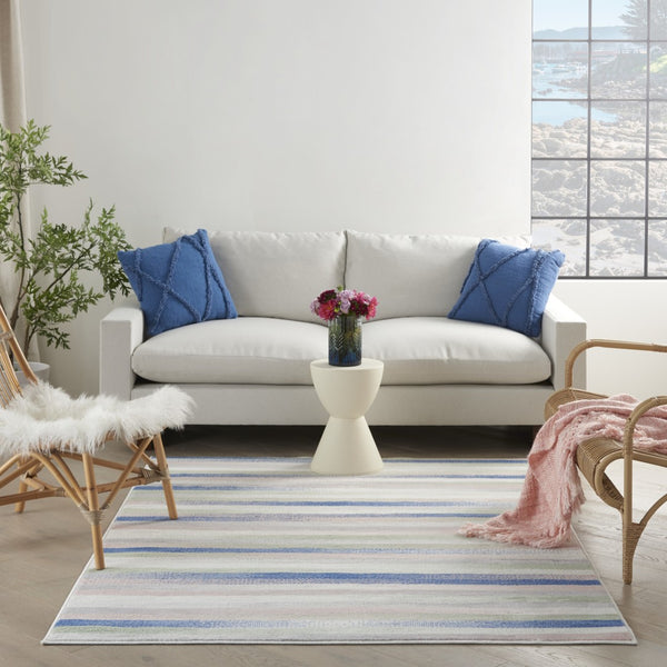 HomeRoots 6' Striped Distressed Area Rug in Ivory, Blue & Green | Cozy, Durable & Easy-Care Home Decor Essential 385879