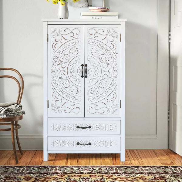 English Elm 27'' Rustic White Tall Tower Storage Cabinet with Carved Accent, Solid Wood Sideboard Drawer Pantry W2295P294585