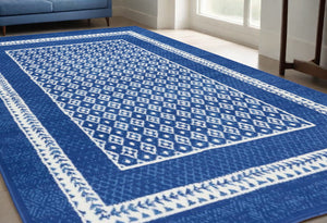 Homeroots 5' X 7' Navy Blue Geometric Dhurrie Area Rug  Polypropylene 385884
