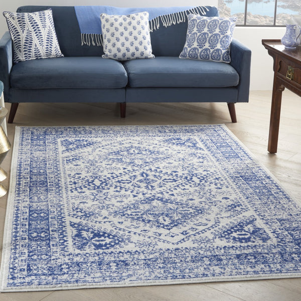 HomeRoots 6' Ivory and Blue Geometric Distressed Area Rug – Modern Design for Timeless Appeal in Any Room 6' X 9' 385891
