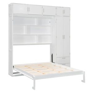 English Elm Queen Murphy Bed with Integrated Desk Cabinet Shelves Space Saving Studio Solution White N708S00022K-2