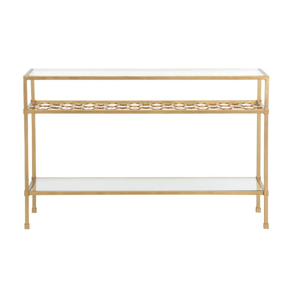 Chelsea House Pacific Coast Console Table With Antique Gold Iron Frame And Clear Glass Shelves, Slim 50" Wide Elegance 385954