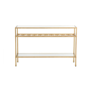 Chelsea House Pacific Coast Console Table With Antique Gold Iron Frame And Clear Glass Shelves, Slim 50" Wide Elegance 385954