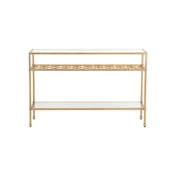 Chelsea House Pacific Coast Console Table With Antique Gold Iron Frame And Clear Glass Shelves, Slim 50" Wide Elegance 385954