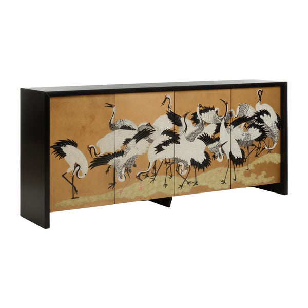 Chelsea House Crane Hand-Painted Gold Mural Cabinet With Hidden Storage, Black Finish — Statement Console 385959