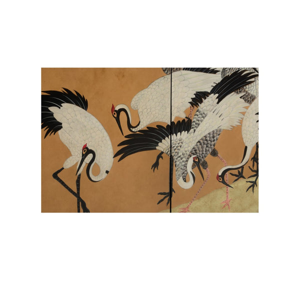 Chelsea House Crane Hand-Painted Gold Mural Cabinet With Hidden Storage, Black Finish — Statement Console 385959