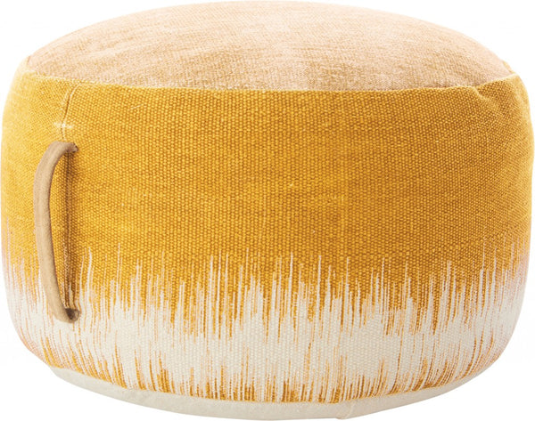 Homeroots 20" Yellow And White Cotton Round Abstract Pouf Ottoman   385962