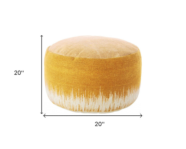 Homeroots 20" Yellow And White Cotton Round Abstract Pouf Ottoman   385962