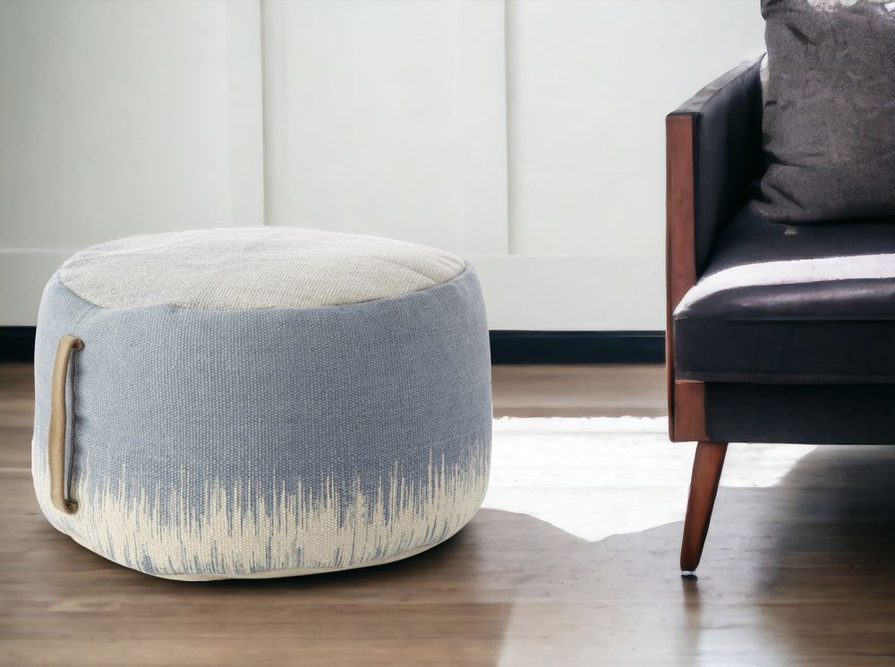 Homeroots 20" Blue And White Round Abstract Pouf Ottoman   385963
