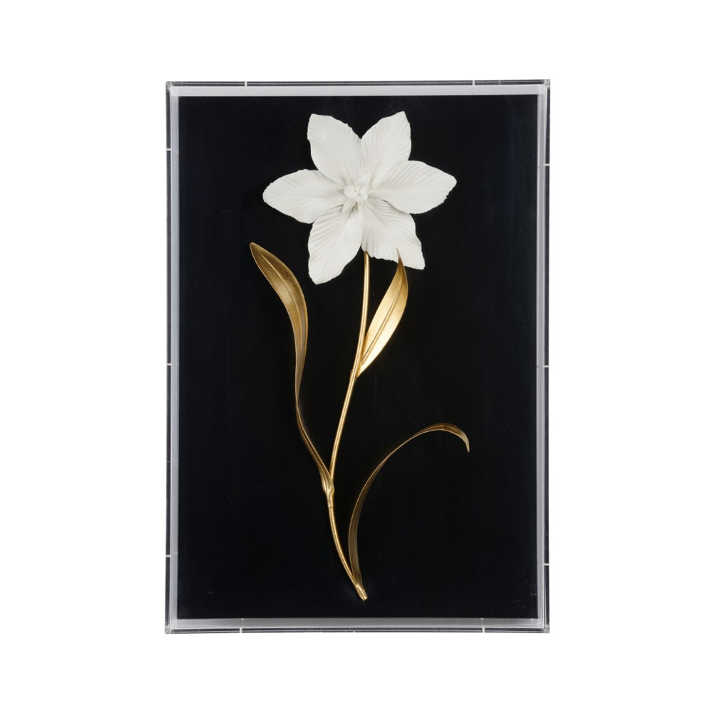 Chelsea House Porcelain Flower Black Wall Art — Handcrafted Matte White Blossoms With Antique Gold Leaves, 20X14x4 385970