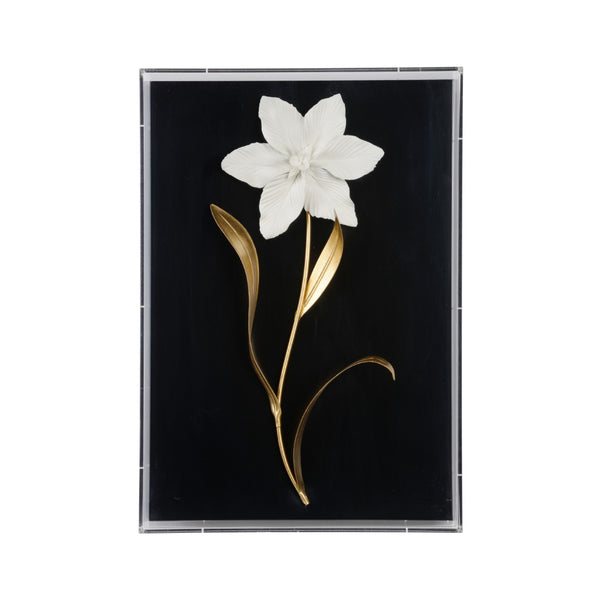 Chelsea House Porcelain Flower Black Wall Art — Handcrafted Matte White Blossoms With Antique Gold Leaves, 20X14x4 385970
