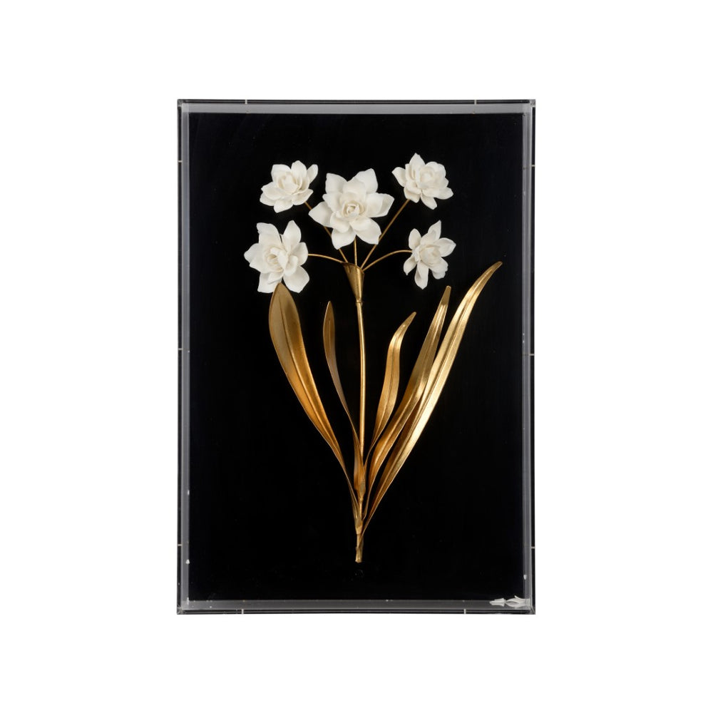 Chelsea House Porcelain Flower Black D By Bill Cain — Handcrafted Matte White Flowers, Gold Leaf Iron Accents, 20X14x4 385973