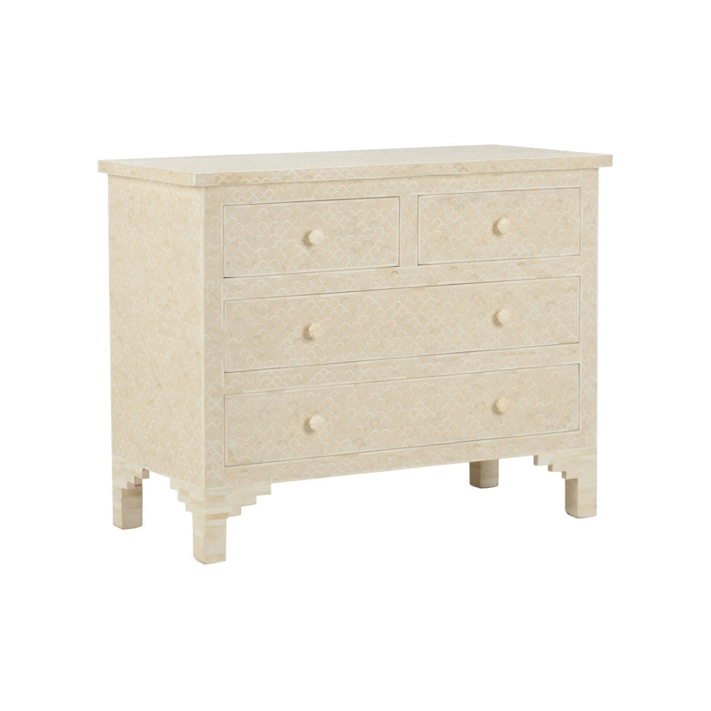 Chelsea House Milford Bone Inlay Chest With Fish-Scale Pattern — Handcrafted Coastal Accent, Four Shallow Drawers 385994