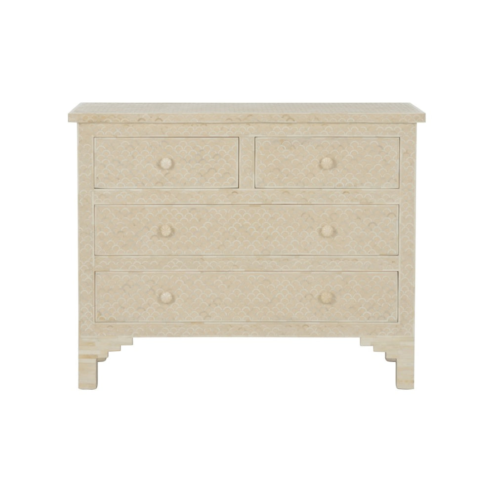 Chelsea House Milford Bone Inlay Chest With Fish-Scale Pattern — Handcrafted Coastal Accent, Four Shallow Drawers 385994