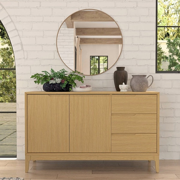 Alpine Furniture Cove Elegant Sideboard With Soft-Close Drawers, Roomy Cabinets, Durable Mindy Wood, Versatile Style Light Oak 3859OAK-06