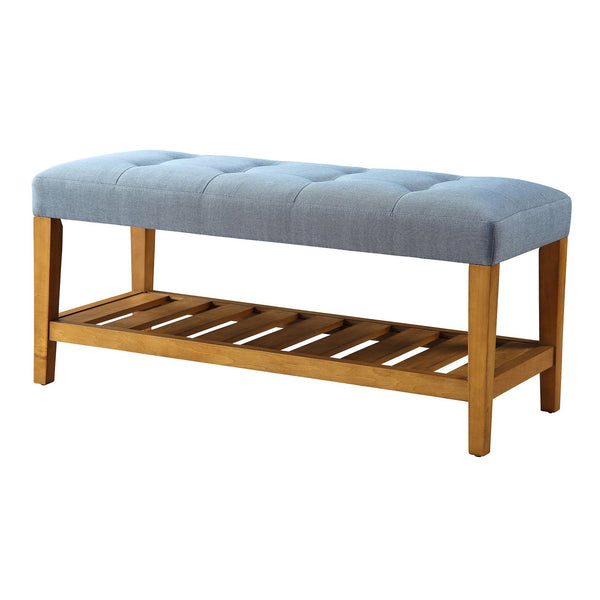 English Elm Light Tufted Padded Seat Bench with Oak Frame and Slatted Shelf — Light Blue Upholstery, Cozy Seating Elegance B062P189179