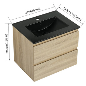 English Elm 24" Wall-Mounted Bathroom Vanity With Black Sink, 2 Soft-Close Drawers - Ideal For Compact Spaces! W999S00192