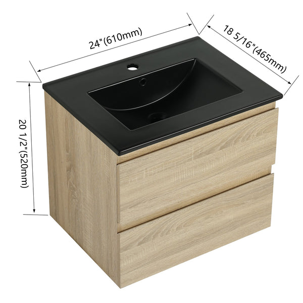 English Elm 24" Wall-Mounted Bathroom Vanity With Black Sink, 2 Soft-Close Drawers - Ideal For Compact Spaces! W999S00192