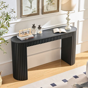 English Elm 59.05'' Matte Finish Console Table Curved Top Striped Legs Slim Entryway Foyer Black W876P439956