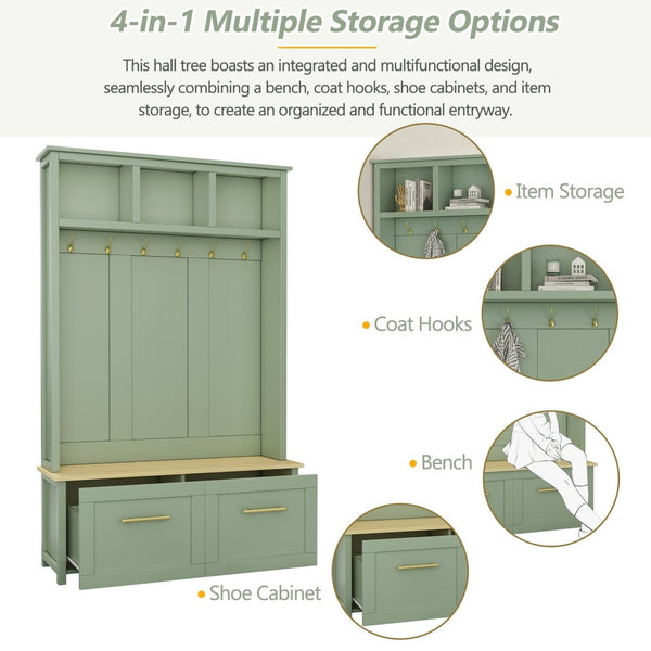 English Elm On-trend Entryway Hall Tree with Gold Hooks Bench Drawers and Shoe Cabinet Storage Mint Green N721S000056M-1