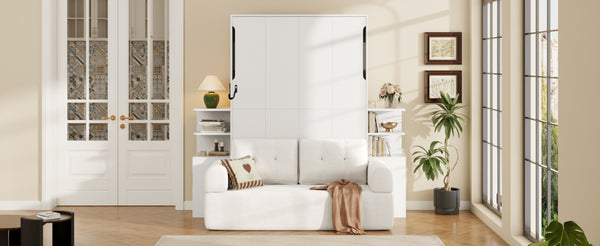 English Elm Full Size Murphy Bed System with Integrated Sofa and Storage Towers for Guest Rooms White LP000380AAK