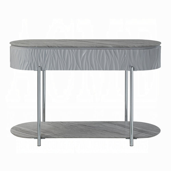 English Elm Grey High Gloss Sofa Table With Chrome Accents, Bottom Shelf, And Modern Design For Stylish Spaces B062P209133