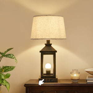 English Elm 20.5in Vintage Table Lamp Set of 2 Rustic Farmhouse Nightstand Lamps with Linen Shade & USB Ports Black+Gold W2312P389975