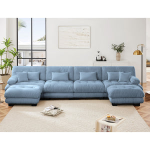 English Elm Free Modular Sectional Sofa - U-Shaped 4-Seater Couch With 2 Ottomans In Vintage Chenille Blue Fabric W714S01180