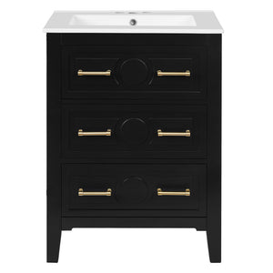 English Elm 24'' Bathroom Vanity with Ceramic Sink and 3 Drawers Retro Solid Wood Frame Freestanding Storage Black N710P371184B