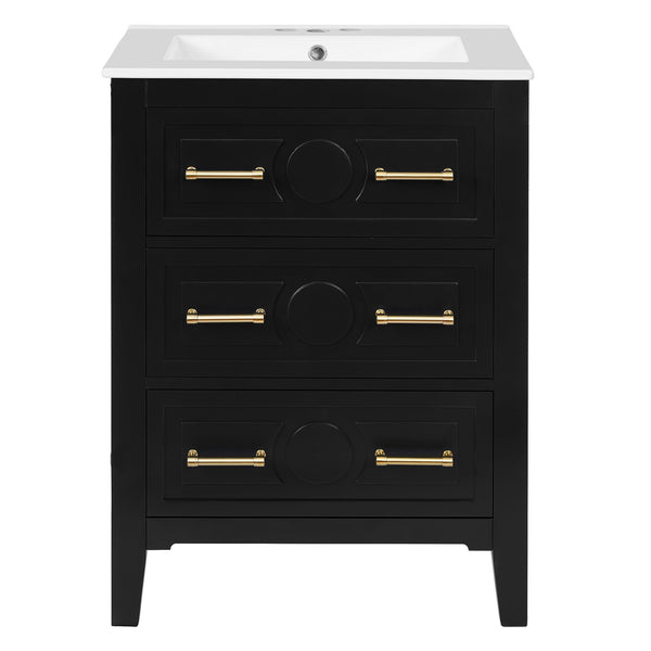 English Elm 24'' Bathroom Vanity with Ceramic Sink and 3 Drawers Retro Solid Wood Frame Freestanding Storage Black N710P371184B