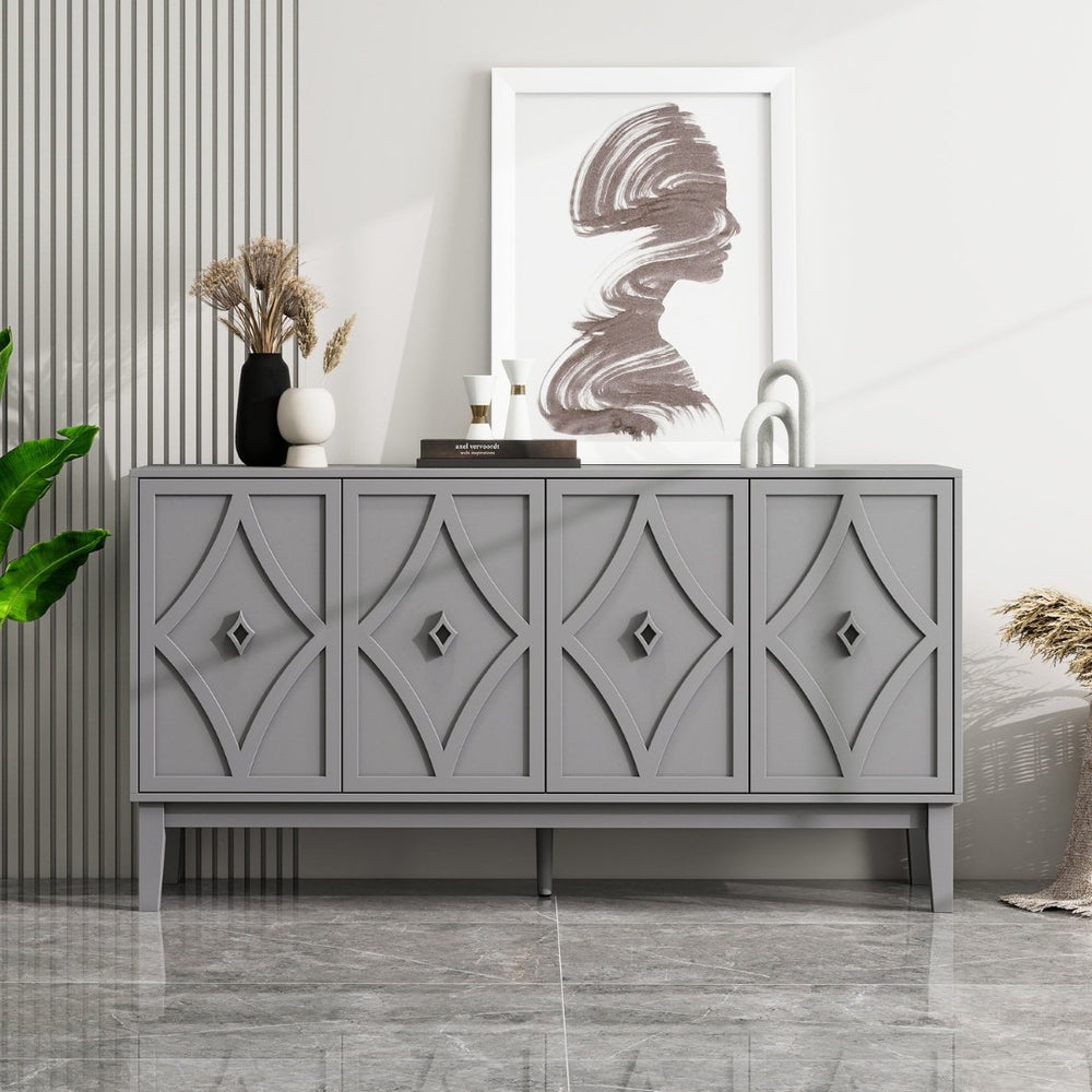 English Elm 4 Door Sideboard Buffet with Hand Carved Geometric Panels Black Oak Finish Raised Legs W688P359831