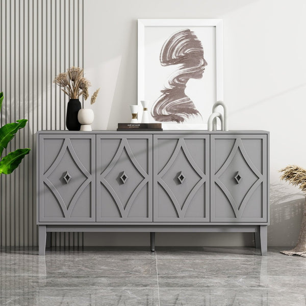 English Elm 4 Door Sideboard Buffet with Hand Carved Geometric Panels Black Oak Finish Raised Legs W688P359831