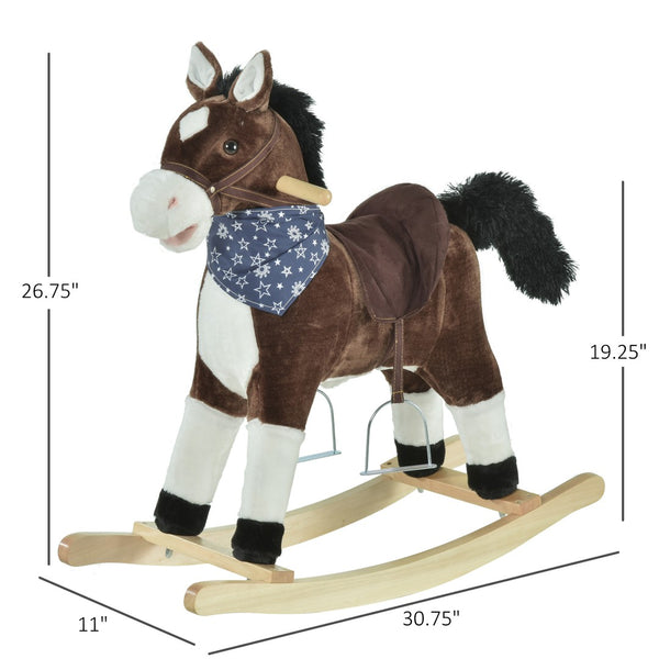 English Elm Ride-on Cowboy Rocking Horse with Plush Body Realistic Sounds and Wooden Base T3971P442347