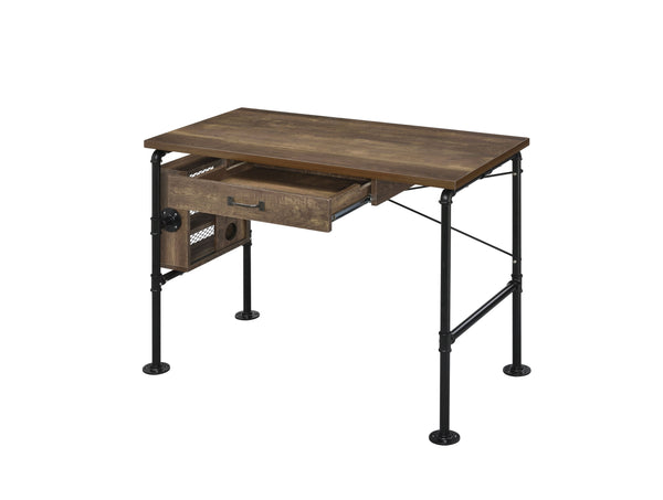 English Elm Endang Weathered Oak & Black Writing Desk with Drawer and 3-Tier Left Shelf, KD Metal Frame B2726P279122