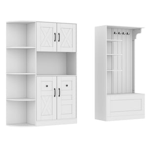 English Elm Multifunctional Modular Hall Tree Cabinet with Open Shelves and Hooks for Entryway White W1580S00519