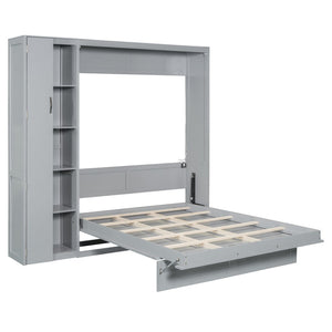 English Elm Full Size Murphy Bed with Open Shelving Wardrobe and Led Lighting for Studio Spaces Gray LP000898AAE