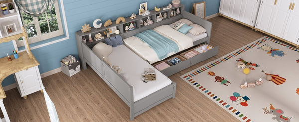English Elm Twin Corner Daybed with Storage Drawers Bookshelf Wood L-shape Frame for Small Rooms Grey N733S369272E