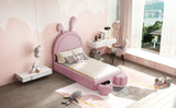 English Elm Twin Size Upholstered Rabbit-Shape Bed With 2 Storage Stools, Velvet Platform Bed With Cartoon Ears Shaped Headboard, Pink