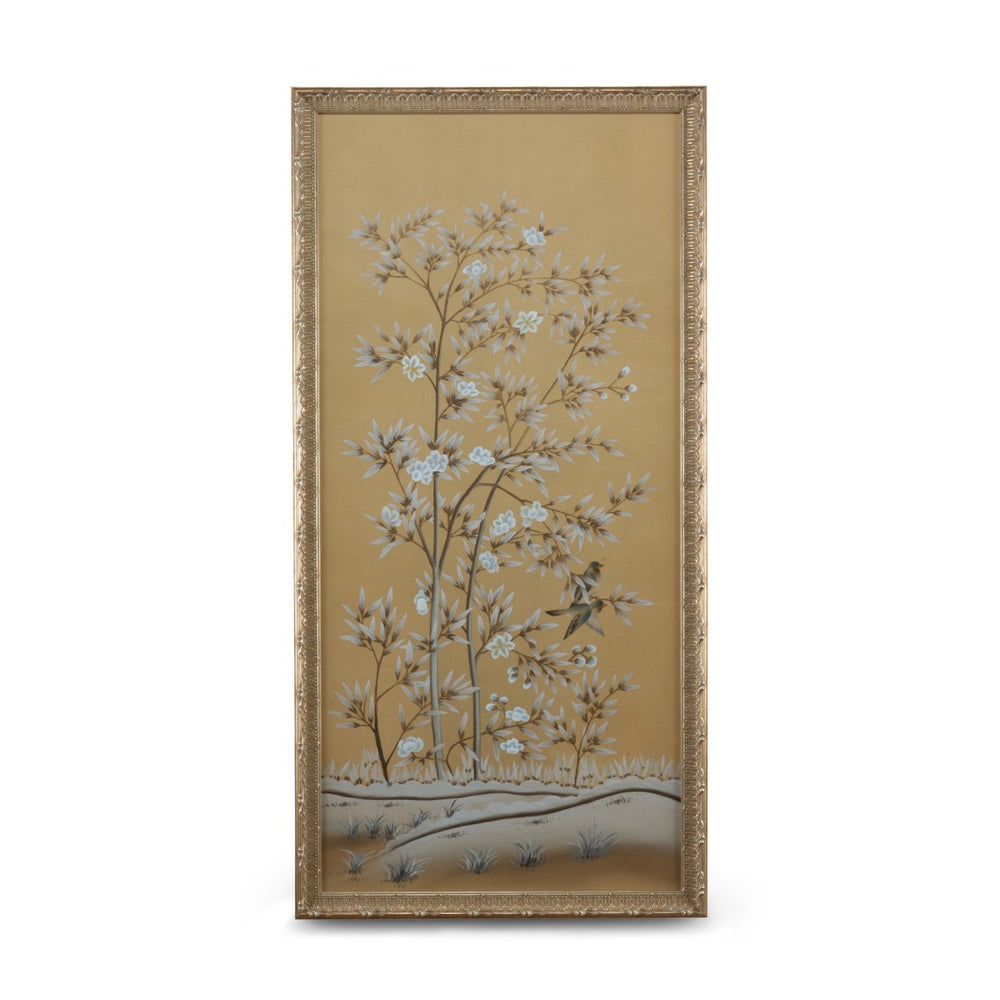 Chelsea House Uccelli Hand-Painted Watercolor On Silk Panel In Antique Silver Frame With Glass — Luminous Decor 386079