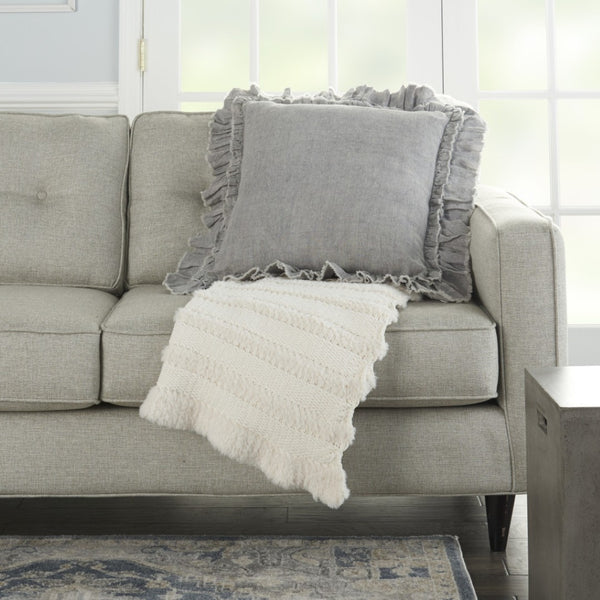 HomeRoots 24" Light Gray Decorative Pillow with Ruffled Edges - Soft, Textured Accent for Stylish Living Spaces 386191