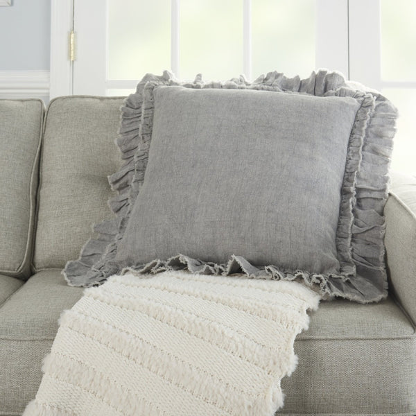 HomeRoots 24" Light Gray Decorative Pillow with Ruffled Edges - Soft, Textured Accent for Stylish Living Spaces 386191