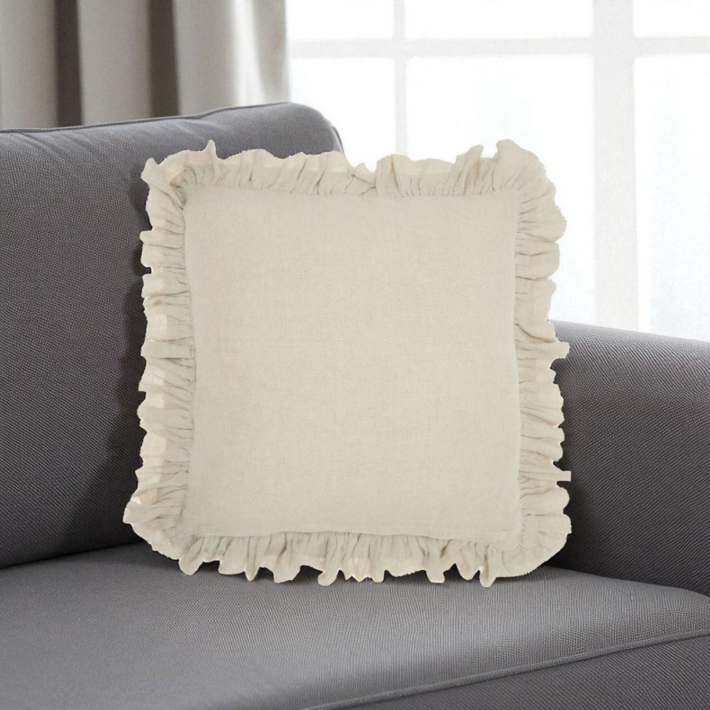 HomeRoots 24" Beige Throw Pillow with Ruffled Edges - Soft, Textured, Cottage-Chic Accent for Any Room Decor 386193
