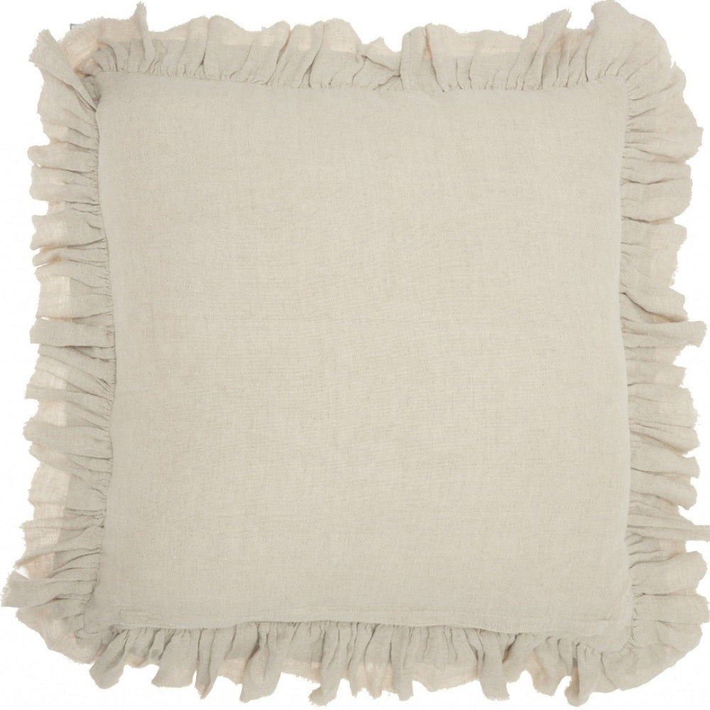 HomeRoots 24" Beige Throw Pillow with Ruffled Edges - Soft, Textured, Cottage-Chic Accent for Any Room Decor 386193
