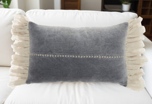 Homeroots 14" X 22" Steel Blue Pillow With Tassels Edges   386198