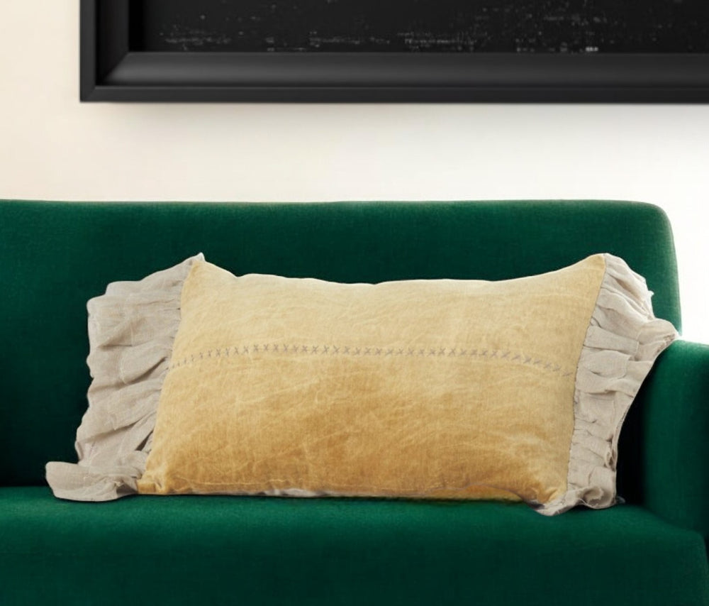 Homeroots Wide Tasseled Marble Yellow Lumbar Pillow   386200