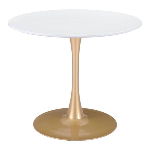 Homeroots 35" White And Gold Rounded Steel Pedestal Base Dining Table   386246