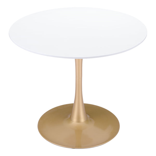 Homeroots 35" White And Gold Rounded Steel Pedestal Base Dining Table   386246
