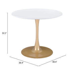 Homeroots 35" White And Gold Rounded Steel Pedestal Base Dining Table   386246